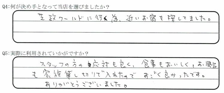 芝政ワールドが目的でご宿泊の口コミ・ご感想