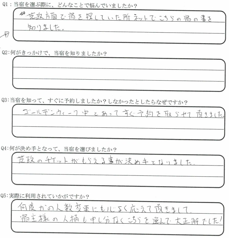 芝政ワールドが目的でご宿泊の口コミ・ご感想