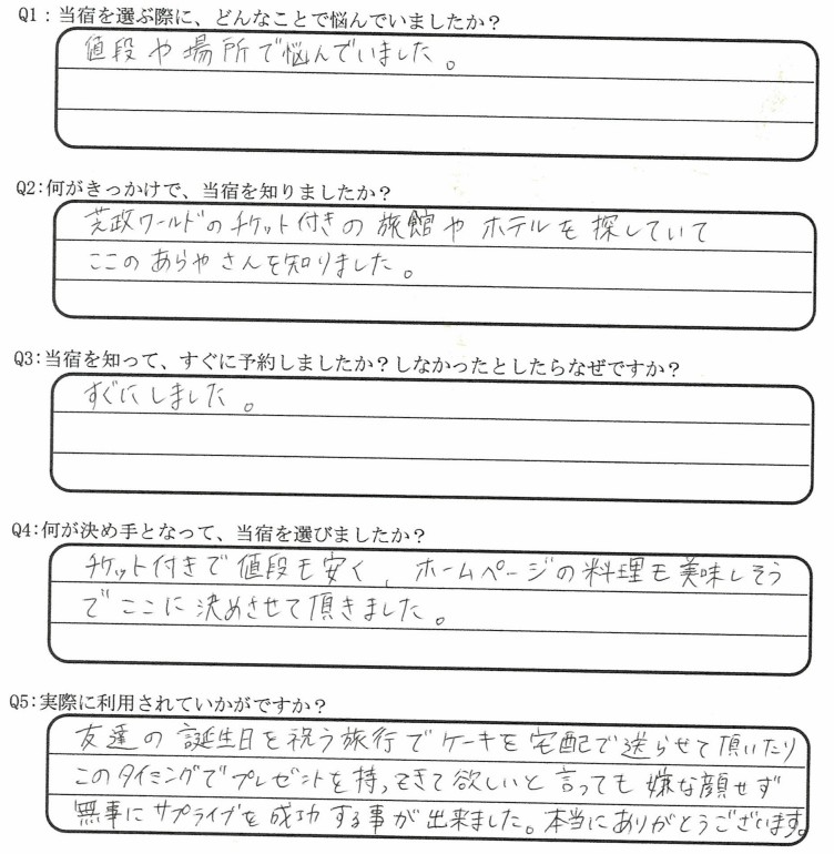 芝政ワールドが目的でご宿泊の口コミ・ご感想